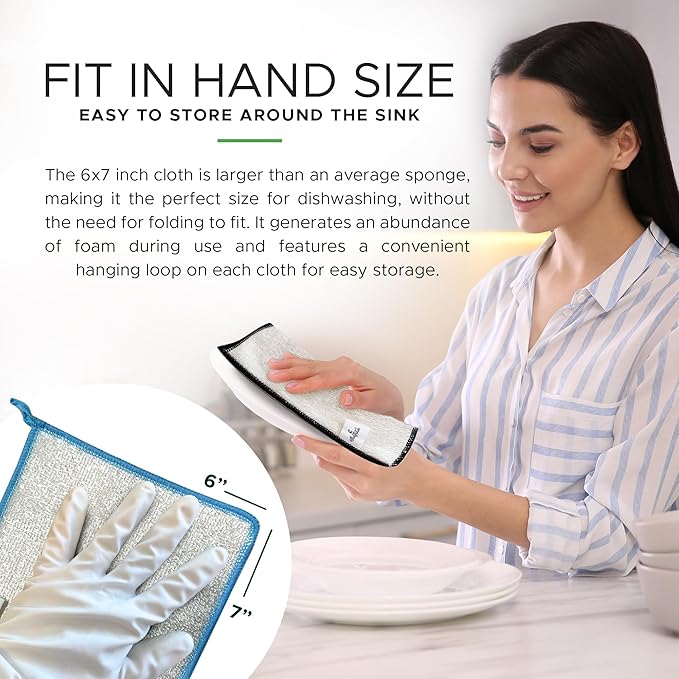 Whiffkitch Dishcloths Dishrags for Kitchen and Household Cleaning 6x7 6-Pack Non-Scratch 2-Ply Weave, Bamboo-Rayon Fabric, Absorbent, Washable, Long-Lasting
