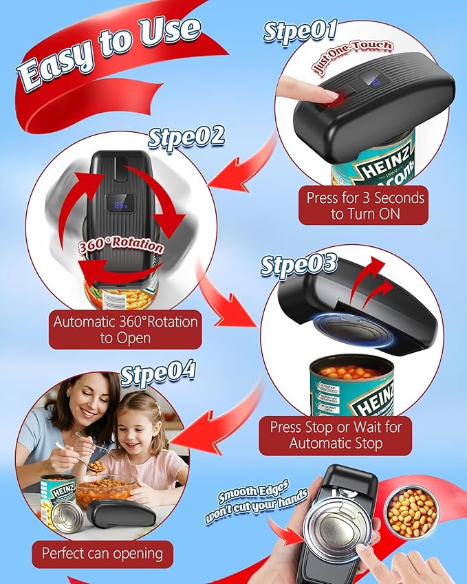 HuiJuKeJi LED Automatic Can Opener, Hands-Free One-Touch Operation Electric Can Opener, Auto-Stop Smooth Edge Safety & USB Rechargeable for Seniors Arthritis Effortless Opening Kitchen Gadget Gift
