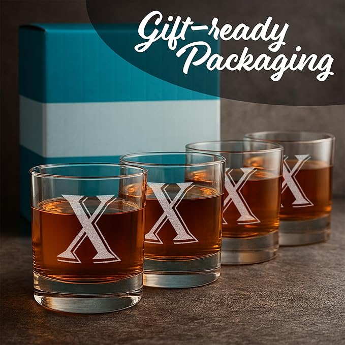 (X-Monogram)- 4 Piece Set of 11 Ounce Engraved Heavy Base Rocks Glasses- Quality Elegant Glass-Multi-Purpose Beverage-Rocks Glass- For any Occasion- By: On The Rox