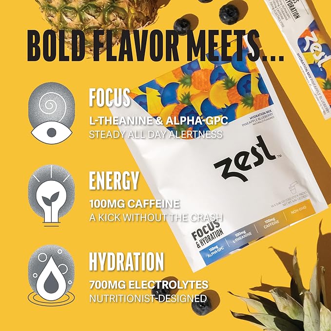 Zest Focus & Productivity Energy Drink – Pineapple Blueberry Clean Energy Powder Packets with 100 mg Caffeine, L-Theanine & 150 mg Alpha GPC Nootropics – Low Sugar Electrolytes for Memory – 14 Sticks