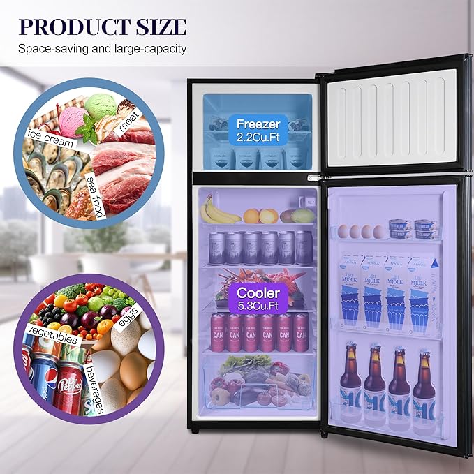 7.5 Cu. Ft. Compact Fridge with Freezer, Double-Door Refrigerator with Adjustable 7-Level Thermostat, Dorm Fridge for Kichen, RV, Office, Apartment, College, Blue