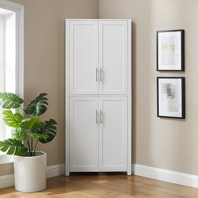Crosley Furniture Savannah Traditional Corner Pantry Storage Cabinet with Shelves, Kitchen, Dining, Laundry, White