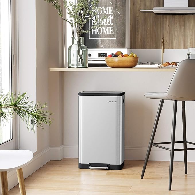 SONGMICS Trash Can, 12-Gallon Pedal Garbage Can, Stainless Steel Step Bin, Plastic Inner Bucket and Lid, Soft Closure, Fingerprint Proof, for Kitchen, Living Room, Silver ULTB007E01