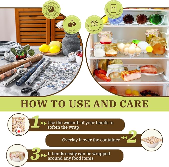 Moukeren 3 Rolls Beeswax Wraps for Food Assorted Organic Cotton Reusable Beeswax Food Wrap Sustainable Wax Paper Wrappers Plastic Silicone Free for Bread Cheese, 13 x 40 (Butterfly)