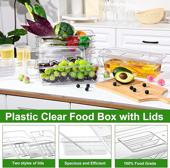 6 Pack Plastic Food Pans with Lids, 1/3 Size 4'' Deep Clear Commercial Stackable Polycarbonate Pans Hotel Food Storage Pan with 1 Pcs Spoon for Fruits Vegetables