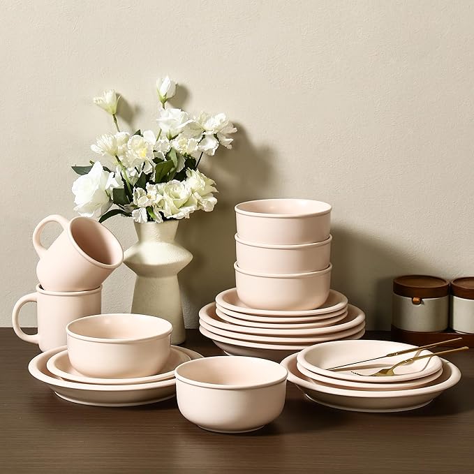 GZG Vintage Series - Ceramic Dinnerware Set for 8, 24 Pieces Stoneware Plates and Bowls Set, Lead-Free, Handcrafted Dishes Set, Microwave & Dishwasher Safe - Cream White