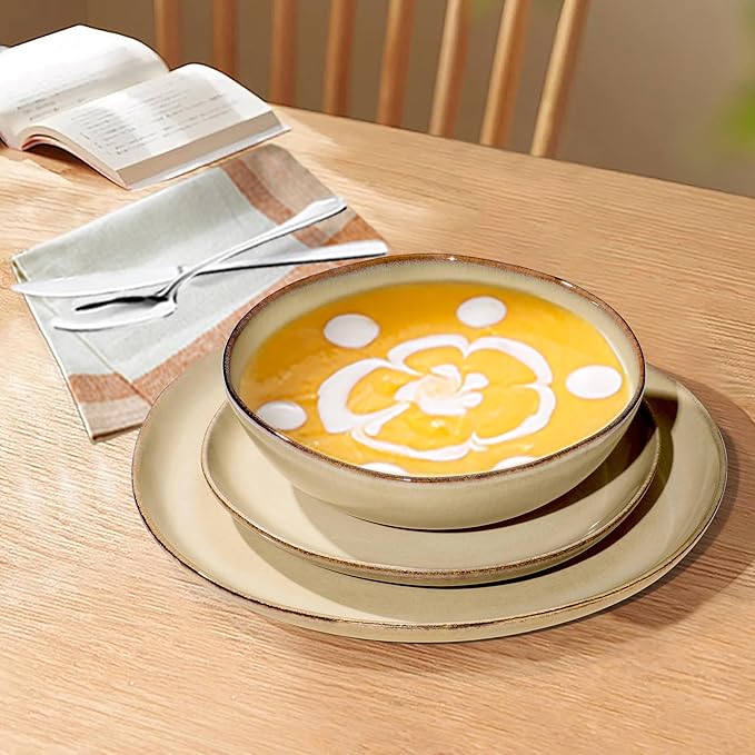 Herogo Stoneware Dinnerware Sets for 6, 18pcs Irregular Handmade Dinner Dish Set, Plates and Bowls Dishware for Kitchen Dining, Microwave & Dishwasher Safe, Cream Khaki