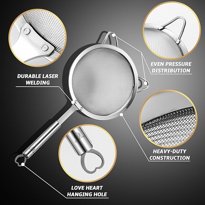 Stainless Steel Fine Mesh Strainer Set – 1 Large Flour Sifter with Sturdy Handle + 1 Small Mesh Sieve for Pasta & Rice + 1 Silicone Can Strainer – Stable, Durable, Dishwasher Safe, 5-Year Warranty