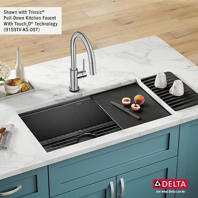 DELTA FAUCET Delta Rivet 32 Inch Black Stainless Steel Undermount 16 Gauge Workstation Kitchen Sink Single Bowl in PVD Gunmetal Finish with WorkFlow Ledge and Accessories, 95B9031-32S-GS