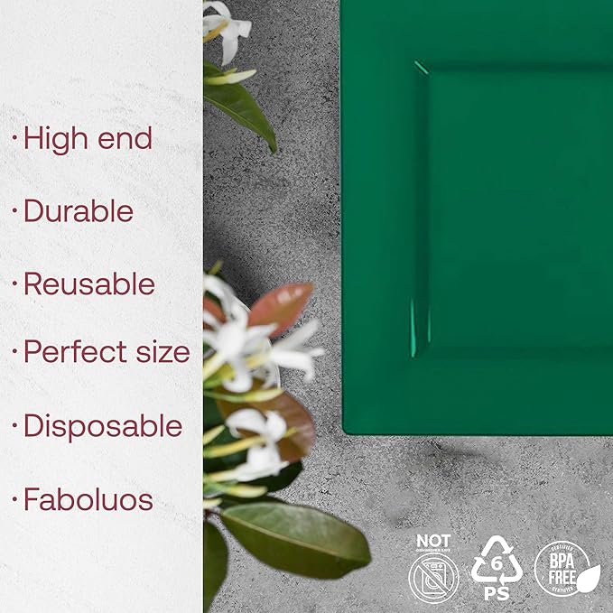 Smarty Had A Party Disposable Plastic Dinnerware, 6.5" Heavy Duty Square Hunter Green Plates for Cakes and Parties, Bulk Supplies for All Occasions (120 Count)