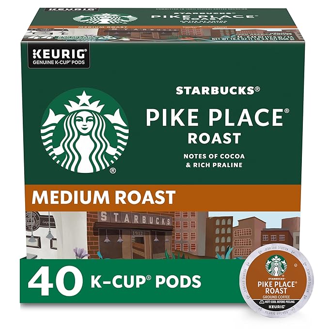 Starbucks K-Cup Coffee Pods, Medium Roast Hot or Iced Coffee, Pike Place Roast, 40 Keurig Pods