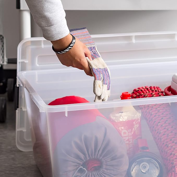 IRIS USA 91 Qt. Stackable Plastic Storage Bins with Lids, 4 Pack - BPA-Free, See-Through Organizing Solution, Latches, Durable Nestable Containers, Secure Pull Handle, Made in USA - Red