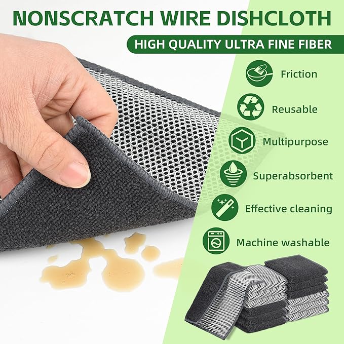 6 Pack Multipurpose Wire Dishcloths, Non-Scratch Dishwashing Rags, Double-Layer Microfiber Metal Dish Rags for Washing Dishes, Wet or Dry Reuseable for Cookware/Pan Housework Clean-7.87''x7.87''