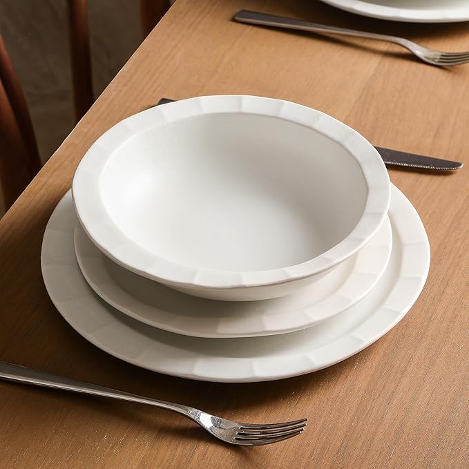Stone Lain Oasis 24-Piece Dinnerware Set Stoneware, Dishwasher and Microwave Safe Plates and Bowls Set, Dish Set for 8, White