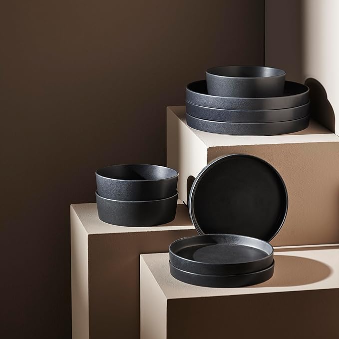 Stone by Mercer Project MODAN 12-Piece Stoneware Dinnerware Set, Plates and Bowls Sets, Dish Set for 4, Charcoal
