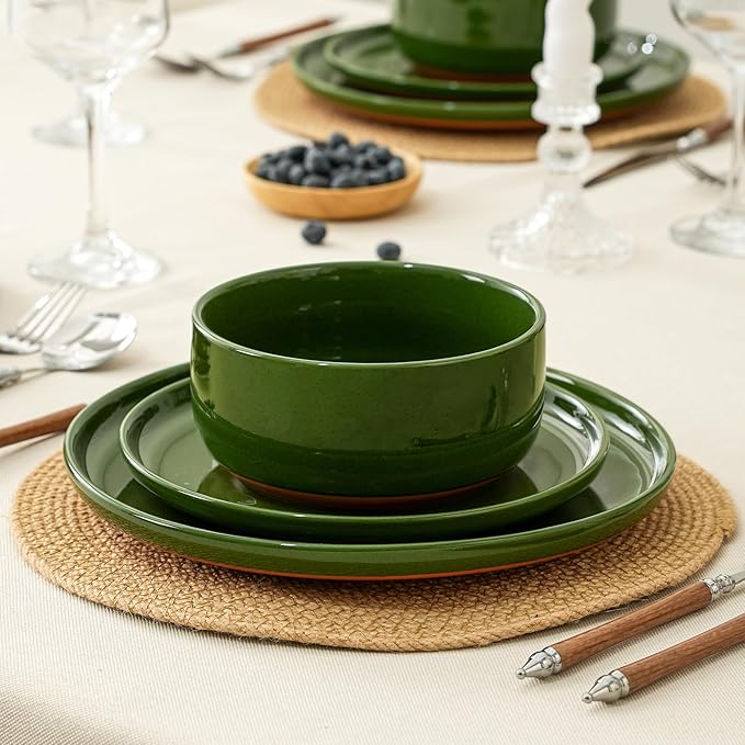 6 Piece Dinnerware Sets for 2, Dual Glaze Stoneware Plates and Bowls Set, Microwave and Dishwasher Safe, Forest Glaze Green