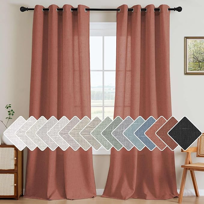 H.VERSAILTEX Living Room Linen Curtains - Semi Sheer, Nickel Grommet Energy Saving Light Filtering Window Treatments Panels for Bedroom, Rust, 2 Panels, 52 x 84 Inch