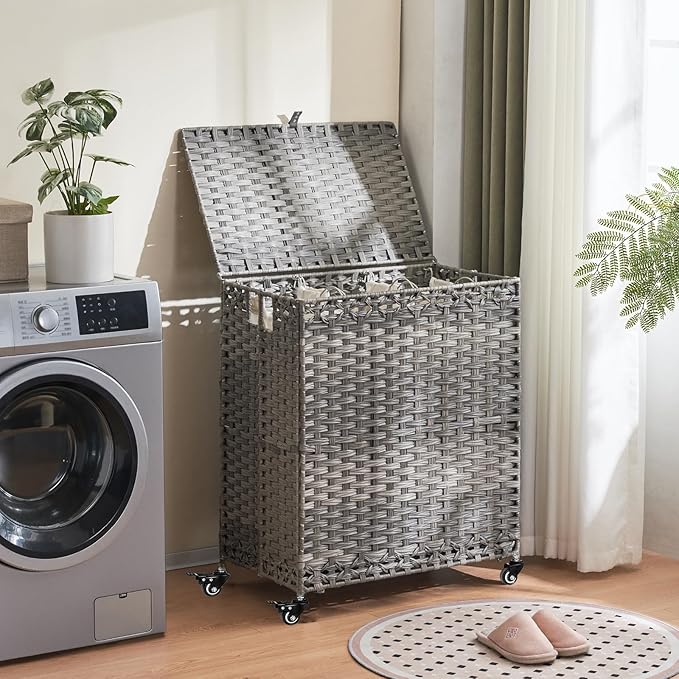 Laundry Hamper with Wheels&Lid, 50.2 Gallons(190L) Rolling Laundry Basket with Wheels, 3-Section Laundry Hamper, Handwoven Rattan Clothes Hamper with 6 Removable Liner& 3 Mesh Laundry Bags, Grey
