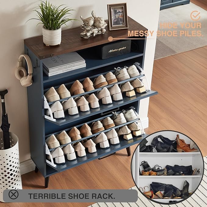 Shoe Storage Cabinet,Farmhouse Shoe Organizer with 2 Flip Drawers & Barn Door Design,Freestanding Hidden Slim Narrow Shoe Rack Cabinet with Open Storage for Entryway, Foyer,Hallway,Navy Blue