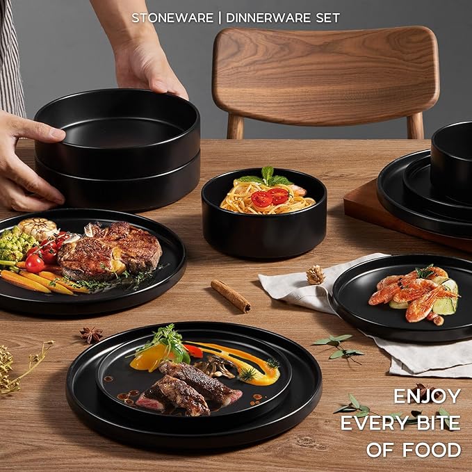 Onader 24 Piece Stoneware Dinnerware Sets with Pasta Bowls, Kitchen Dinner Dishes Set for 6, Plates and Bowls Dishware Dining Ware - Ebony Black
