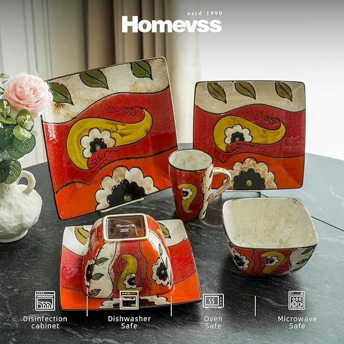 Stoneware Artisan Hand Painted Impressionism Garden, 16pc Reactive Glaze Dinnerware Set