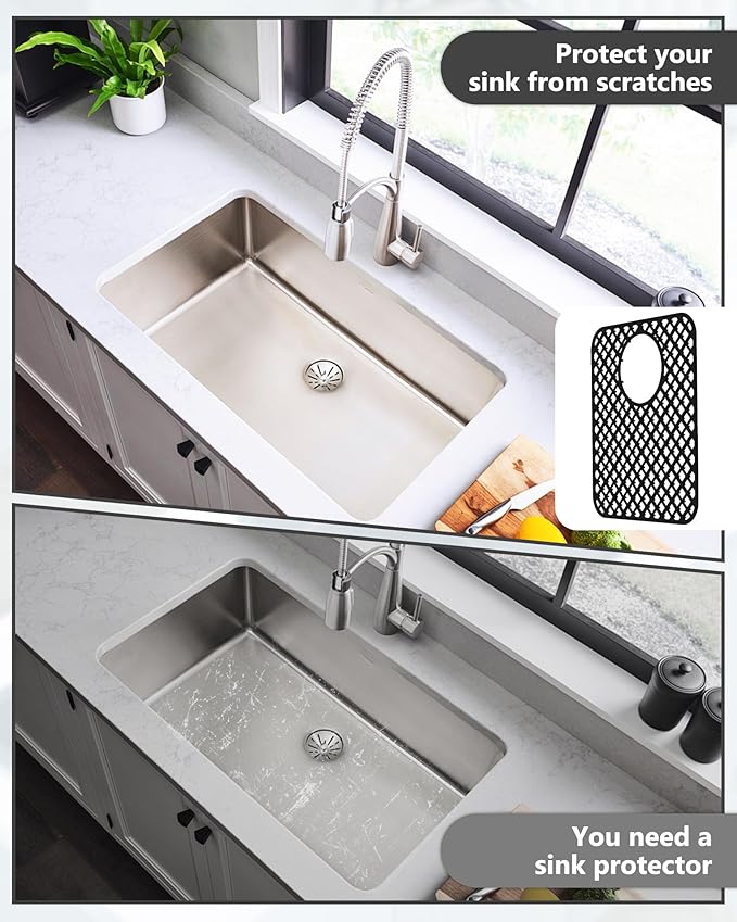 2 Pack Silicone Sink Protectors for Kitchen Sink, Lozenge Pattern 13 x 11 Inches Sink Mat, Non-Slip and Durable Sink Protector Silicone, Rear Drain, Black