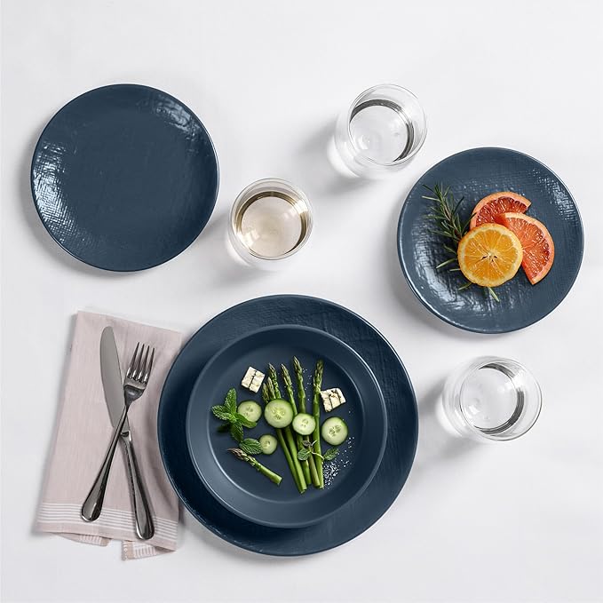 Navaris Linen Artisan Stoneware Dinnerware Set - 18 Pieces in Smoky Blue: Dinner Plates, Side Plates, Pasta Bowls - Dishwasher & Microwave Safe