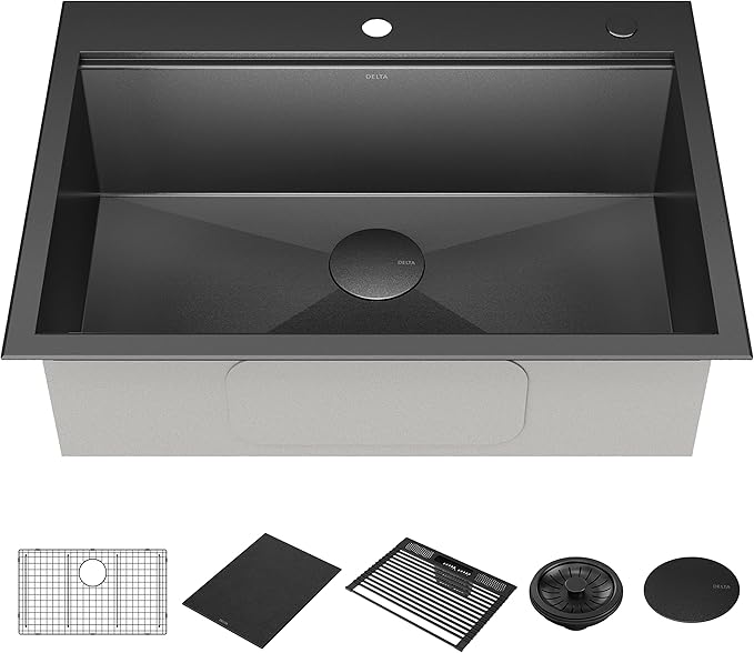 DELTA FAUCET Delta Rivet 30 Inch Black Stainless Steel Drop-In Top Mount 16 Gauge Workstation Kitchen Sink Single Bowl in PVD Gunmetal Finish with WorkFlow Ledge and Accessories, 95A9031-T30S-GS