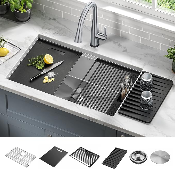 DELTA FAUCET Rivet 30-Inch Workstation Kitchen Sink Undermount 16 Gauge Stainless Steel Single Bowl with WorkFlow Ledge and Chef’s Kit of 6 Accessories, 95B931-30S-SS