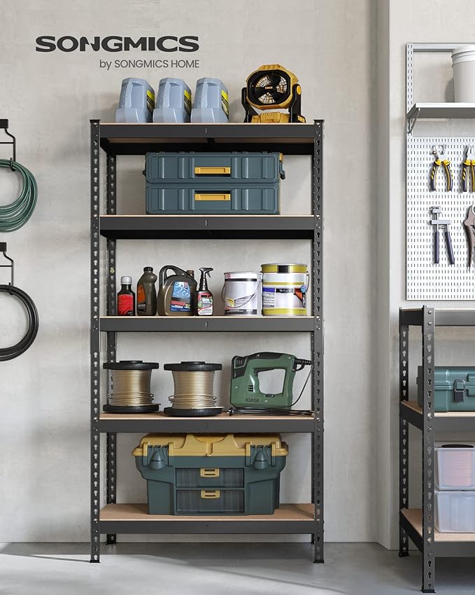 SONGMICS 5-Tier Storage Shelves, Load 2310 lb, Garage Storage, Boltless Assembly, Adjustable Shelving Unit, 17.7 x 35.4 x 70.9 Inches, for Study Shed Basement, Black and Natural Beige UGLR450B01