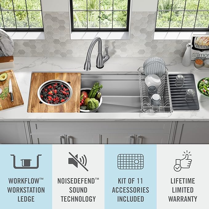 DELTA FAUCET Lorelai 45-inch Workstation Kitchen Sink Undermount 16 Gauge Stainless Steel Single Bowl with 2-Tier WorkFlow Ledge and Chef’s Kit of 11 Accessories, 95BA132-45S-SS