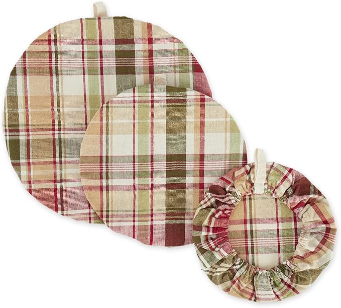 DII Reusable Cloth Bowl Cover Collection Machine Washable, Cotton with Elastic Stretch for Food Storage, 10.25"/8.25"/7.5" Diameter, Give Thanks Plaid, 3 Piece