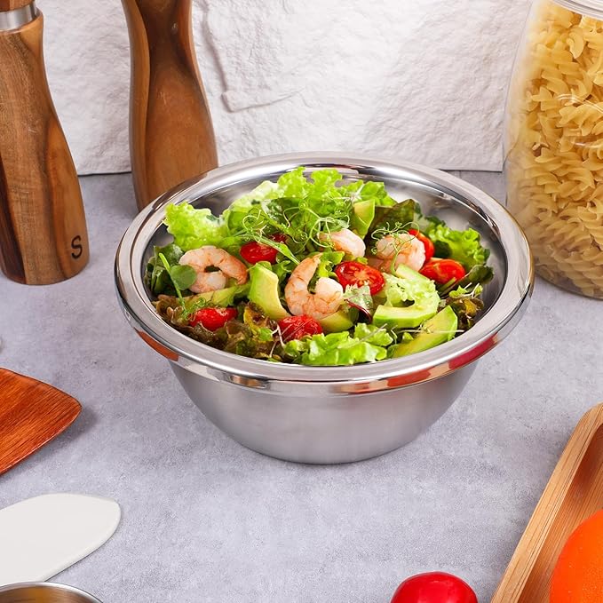 304 Stainless Steel Colander 5 Quart Large Capacity with Mixing Bowl, Large Bowl for Kitchen, Rice Strainer for Fruit Vegetable Washing, Pasta Straining and Food Mixing
