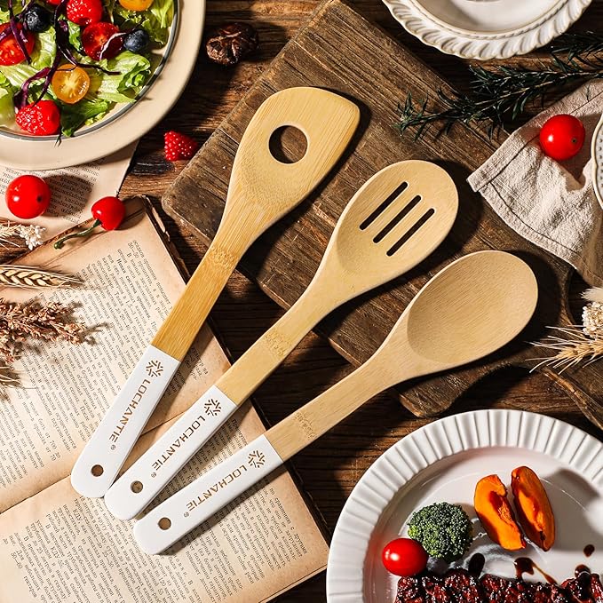 Bamboo Kitchen Utensils wooden spoons for cooking - 6 pcs White Spatulas and spoons