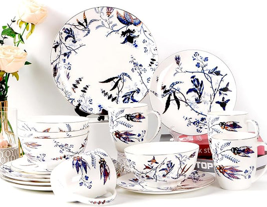Bulgary Plates and Bowls Sets Dishes Set for 4, Ceramic Plates and Bowls Set, Service for 4, Bone China Dinnerware Set Salad Dessert Plates, and Cereal Bowls Set, Microwave safe by KOKEN