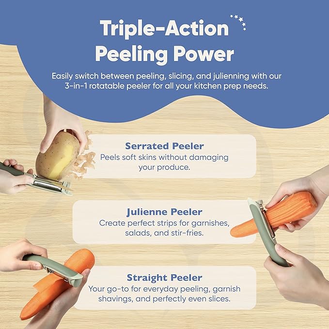 Chef’s Path Tri-Blade Side Peeler – Stainless Steel Blade Fruit Peelers for Kitchen – Vegetable Slicer Kitchen Tool, Serrated, Julienne Peeler and Blemish Remover