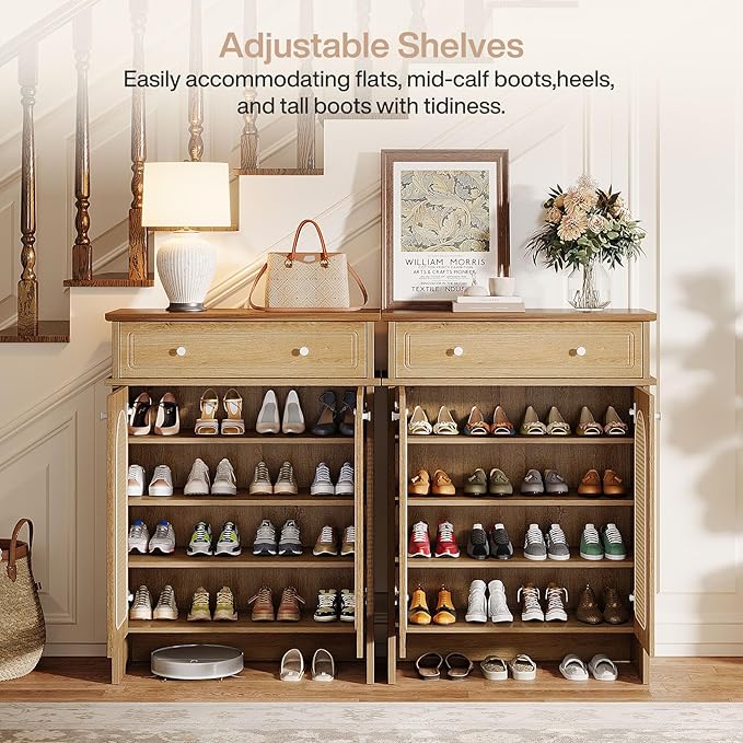 Tribesigns Shoe Cabinet with Doors, 6-Tier Shoe Rack with Drawer and Adjustable Shelves, 43.3" Tall Boho Farmhouse Shoe Storage Cabinet for Entryway, Hallway, Bedroom (Natural & Walnut)