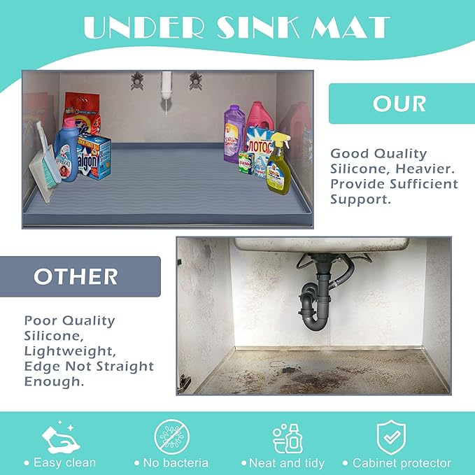 URMONA 37'' x 22'' Waterproof Silicone Under Sink Mat Cabinet and Counter Protector, Shelf Liner for Kitchen and Bathroom, Storage and Organizers, Litter Mat, Pet Cat Puppy Essentials（Charcoal）