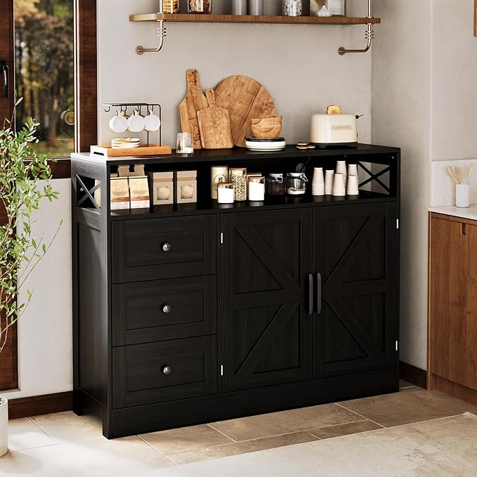 OUTLANE 47In Large Buffet Cabinet, Modern Farmhouse Sideboard with 3 Drawers, Wood Cupboard Storage Pantry Cabinet with 2 Barn Doors&Adjustable Shelf, Storage Cabinet for Living Room, Kitchen, Black
