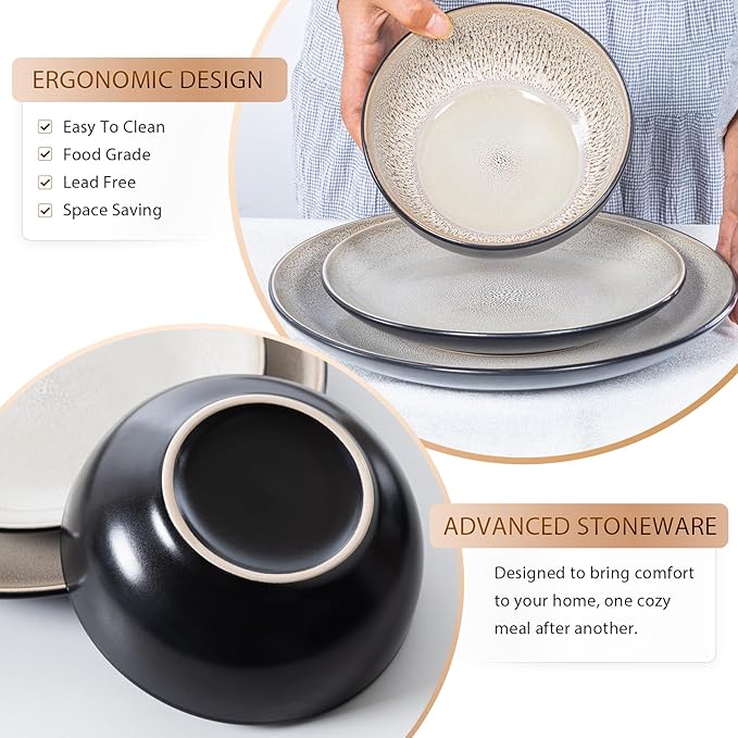 Plates and Bowls Sets for 8 - CJDC-QUELO 32-Piece Stoneware Dinnerware Sets, Ceramic Dishware Set for Indoor Kitchen Use and Formal Dining, Chip and Scratch Resistant Microwave Dishwasher Safe, Brown