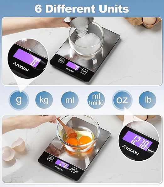 Atogou 33lb Food Scale, Rechargeable Kitchen Scale with Full-View Backlit LCD Display, Stainless Steel Surface, Type-C Charging or AAA Batteries (not Included), for Baking, Cooking, Food, Meal Prep