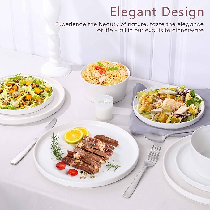 Herogo 24 Pieces Dinnerware Dishes Set for 8, Handmade Stoneware Dining Plates and Bowls Sets, Double Reactive Glaze, Microwave & Dishwasher Safe, Scratch Resistant, Pearl White