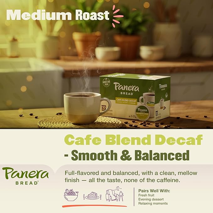 Panera Cafe Blend Decaf Coffee Pods, Medium Roast Cups - 100% Arabica, Smooth & Balanced with Caramel Notes, Sustainably Sourced, No Bitterness 10 Single Serve Pods (1 Pack of 10)