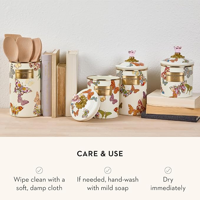 MACKENZIE-CHILDS Butterfly Garden Enamel Canister, Pretty Kitchen Storage Container with Lid, Small
