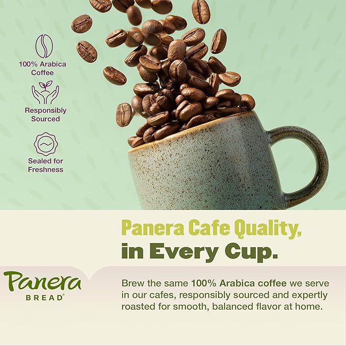 Panera Cafe Blend Decaf Coffee Pods, Medium Roast Cups - 100% Arabica, Smooth & Balanced with Caramel Notes, Sustainably Sourced, No Bitterness 10 Single Serve Pods (1 Pack of 10)