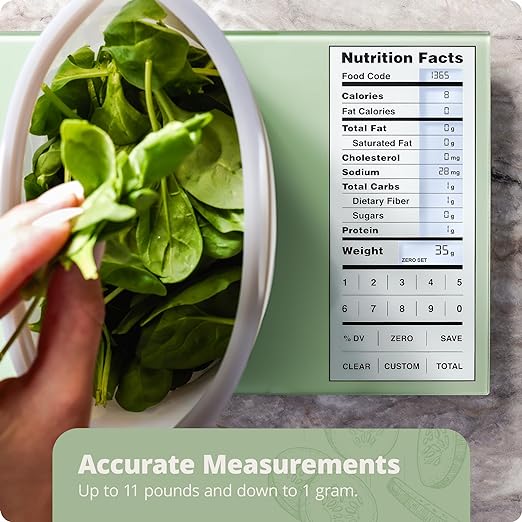 Greater Goods Digital Nutrition Scale – Accurate Macro and Calorie Tracking for Meal Prep, Weight Loss, and Healthy Eating | 2,000 Built-in Foods, Intuitive Nutrition Label Display, 11lb Cap, Green