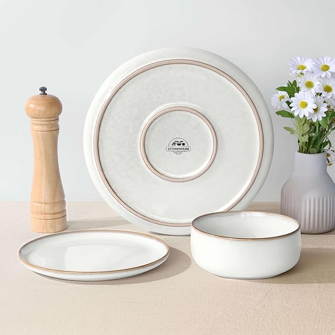 Herogo 18 Pieces Stoneware Dinnerware Dishes Sets for 6, Kitchen Handmade Dining Plates and Bowls Sets, Double Reactive Glaze, Microwave & Dishwasher Safe, Scratch Resistant, Ivory White