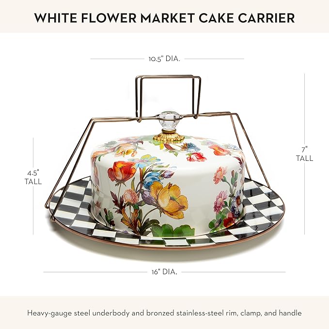 MACKENZIE-CHILDS Cake Carrier, Cake-Dish Serving Platter with Lid and Handles, White Flower Market with Black-and-White Courtly Check