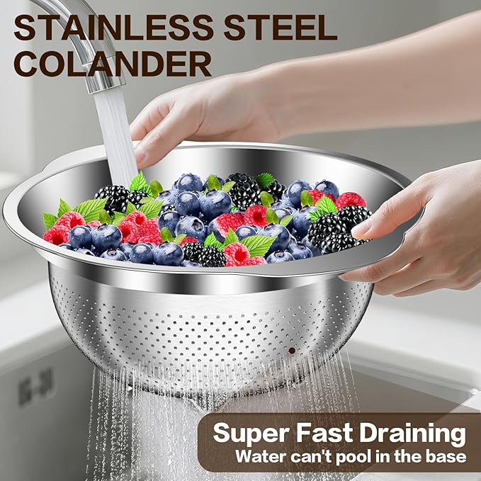 Stainless Steel Colander for Kitchen, Stainless Steel Strainer, Pasta Strainer for Spaghetti Fruits Vegetables Cooking Food, 3 Pcs Strainers and Colanders(2QT, 3QT, 5QT), Dishwasher Safe, Silver