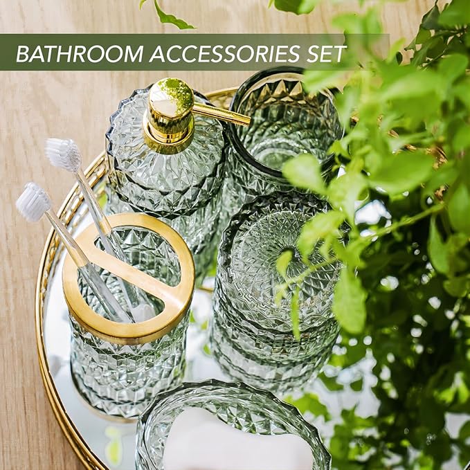 Bathroom Accessory Set, 5 Pcs Glass Bathroom Accessories Set with Lotion Dispenser,Toothbrush Holder, Soap Dish,Tumbler, Cotton Swab Jars, Home Set for Christmas/Housewarming, Modern Bathroom Decor